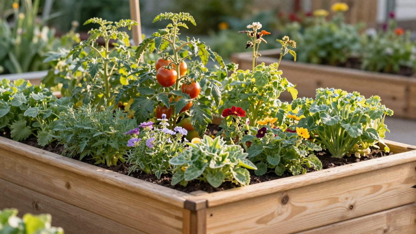 Wooden raised vegetable bed with layered planting tall crops at back and herbs spilling forward