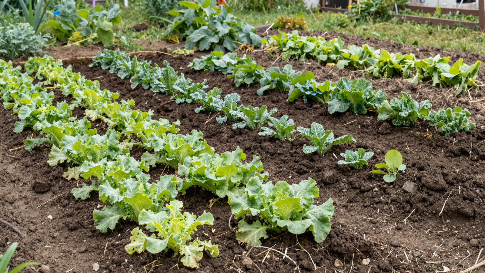 Wide undisturbed no-till vegetable garden bed with rich dark soil