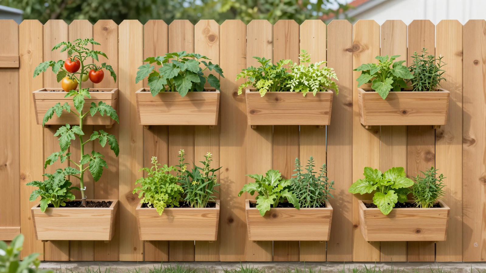 Plain wooden fence transformed with climbing planters growing tomatoes herbs and greens