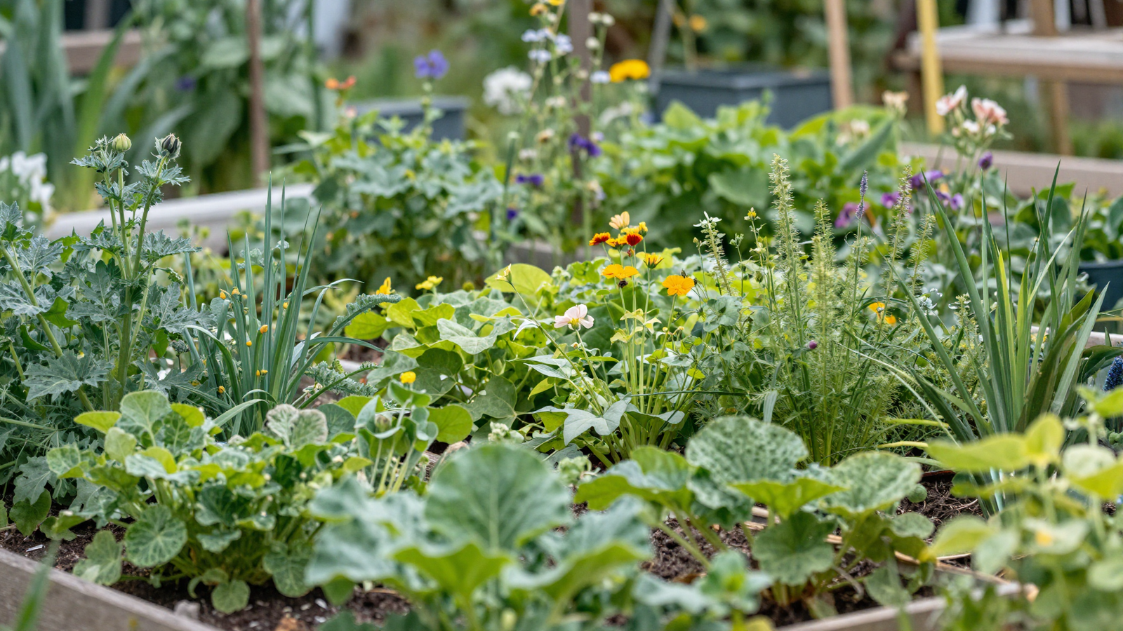 Loose relaxed vegetable and flower garden mingling freely together in a cottage-style layout