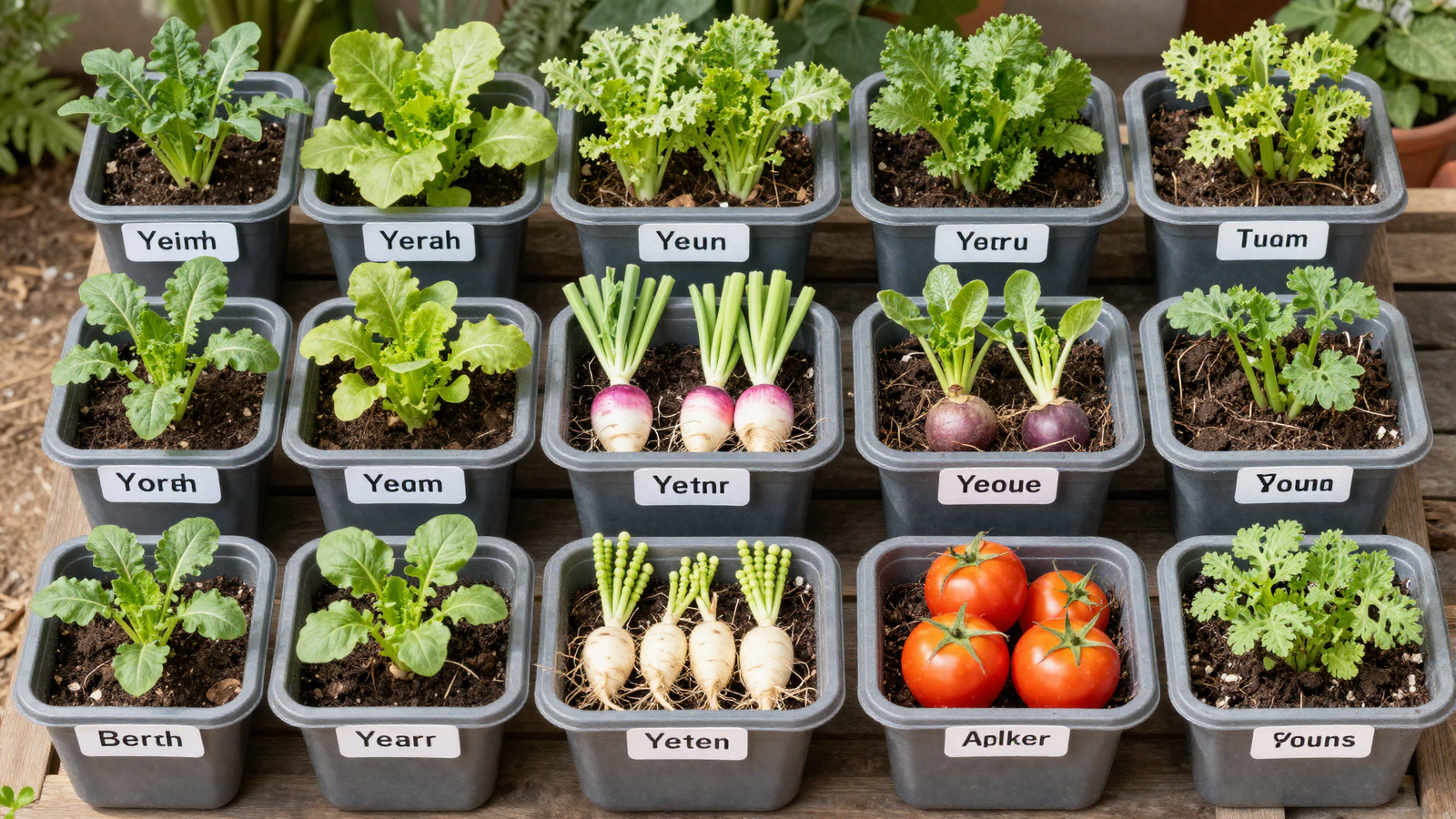 Container garden set up for crop rotation with tomatoes beans leafy greens and root vegetables