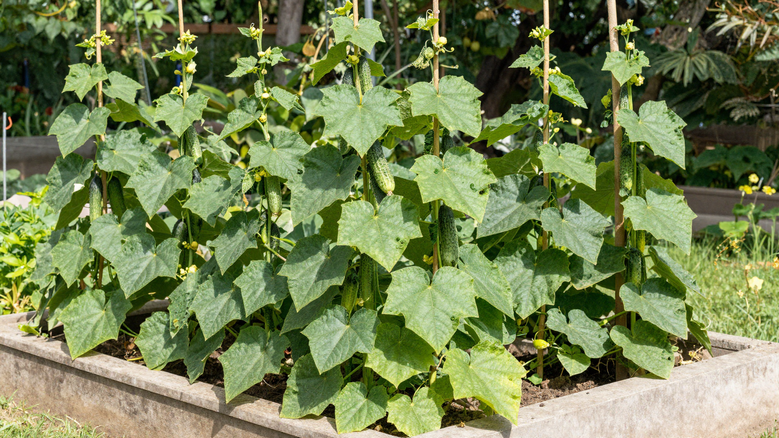 Trellised cucumber and pole bean vines growing vertically over a raised garden bed