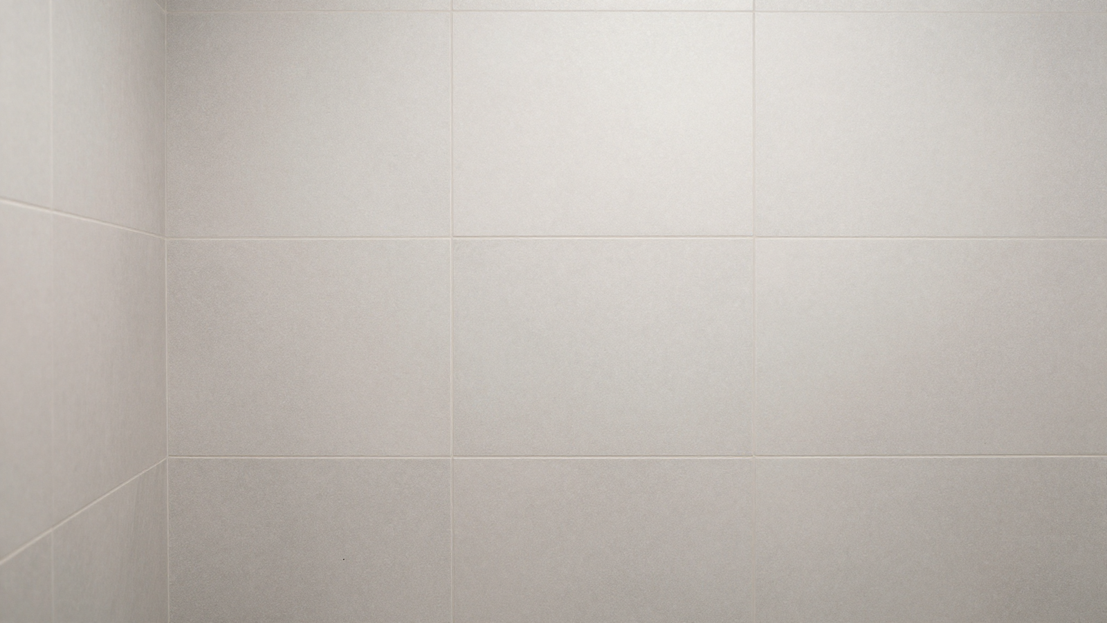 Bathroom shower wall with large-format light gray porcelain tile and minimal grout lines