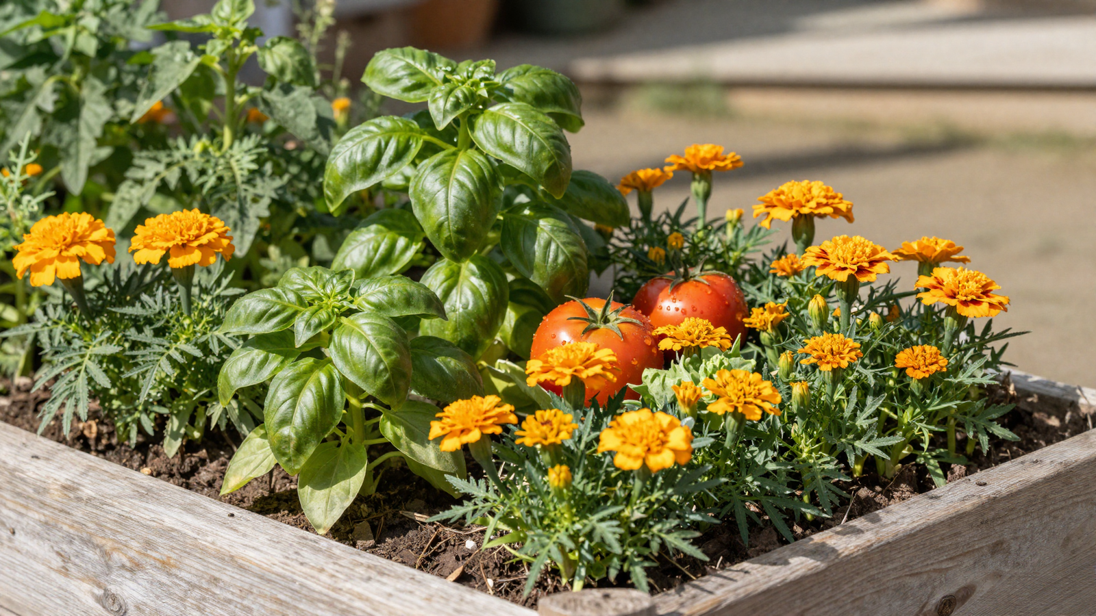 Companion planting vegetable bed combining tomatoes basil and marigolds together