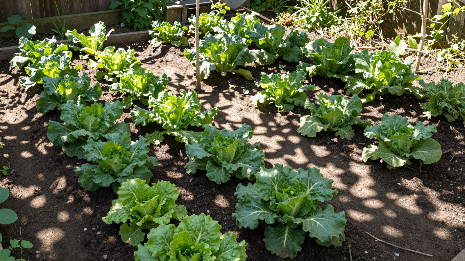 Sunlight pattern study over a small backyard vegetable garden bed with dappled shadows