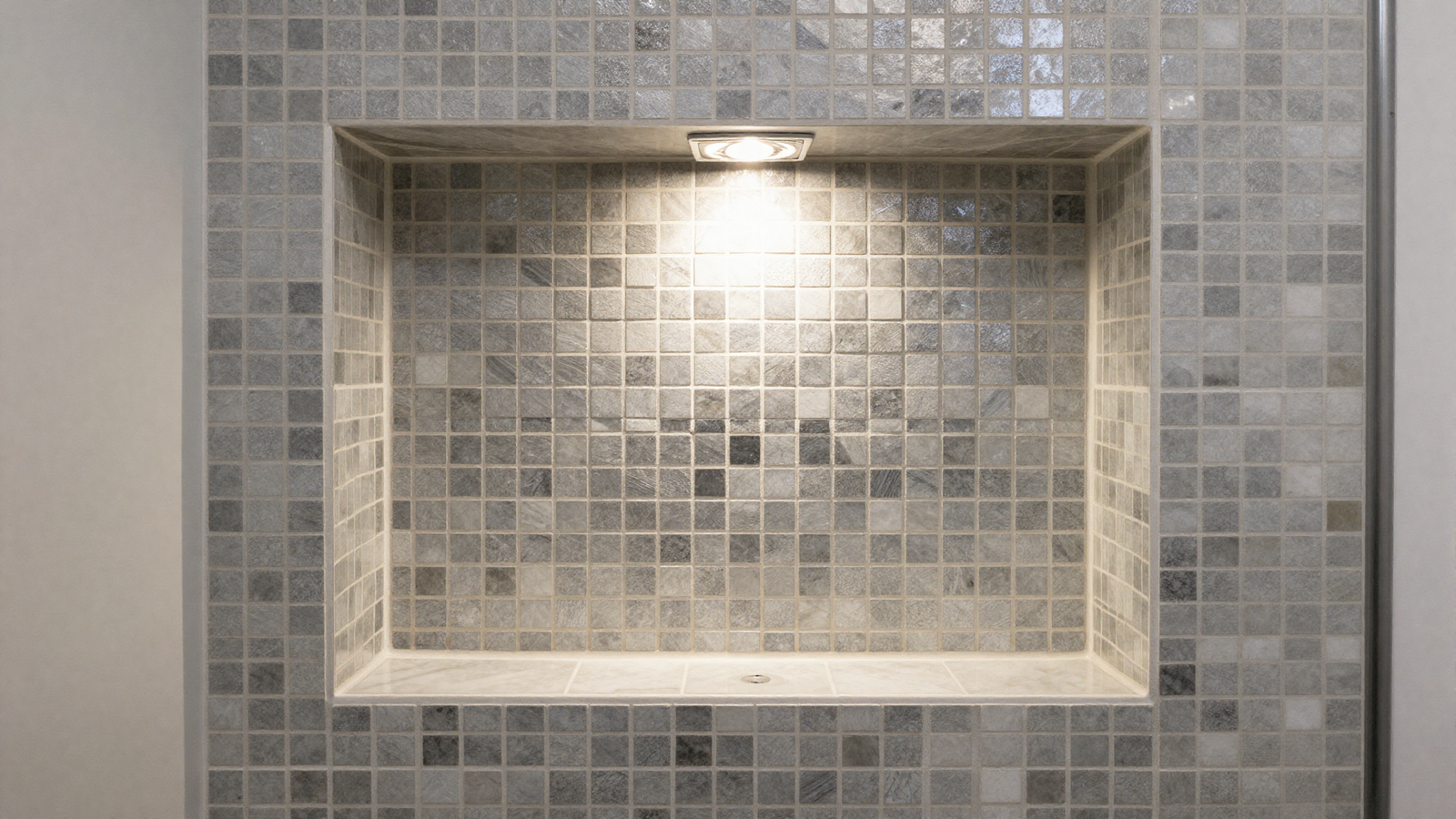 Bathroom shower niche lined with metallic marbled mosaic tile and glowing LED strip above