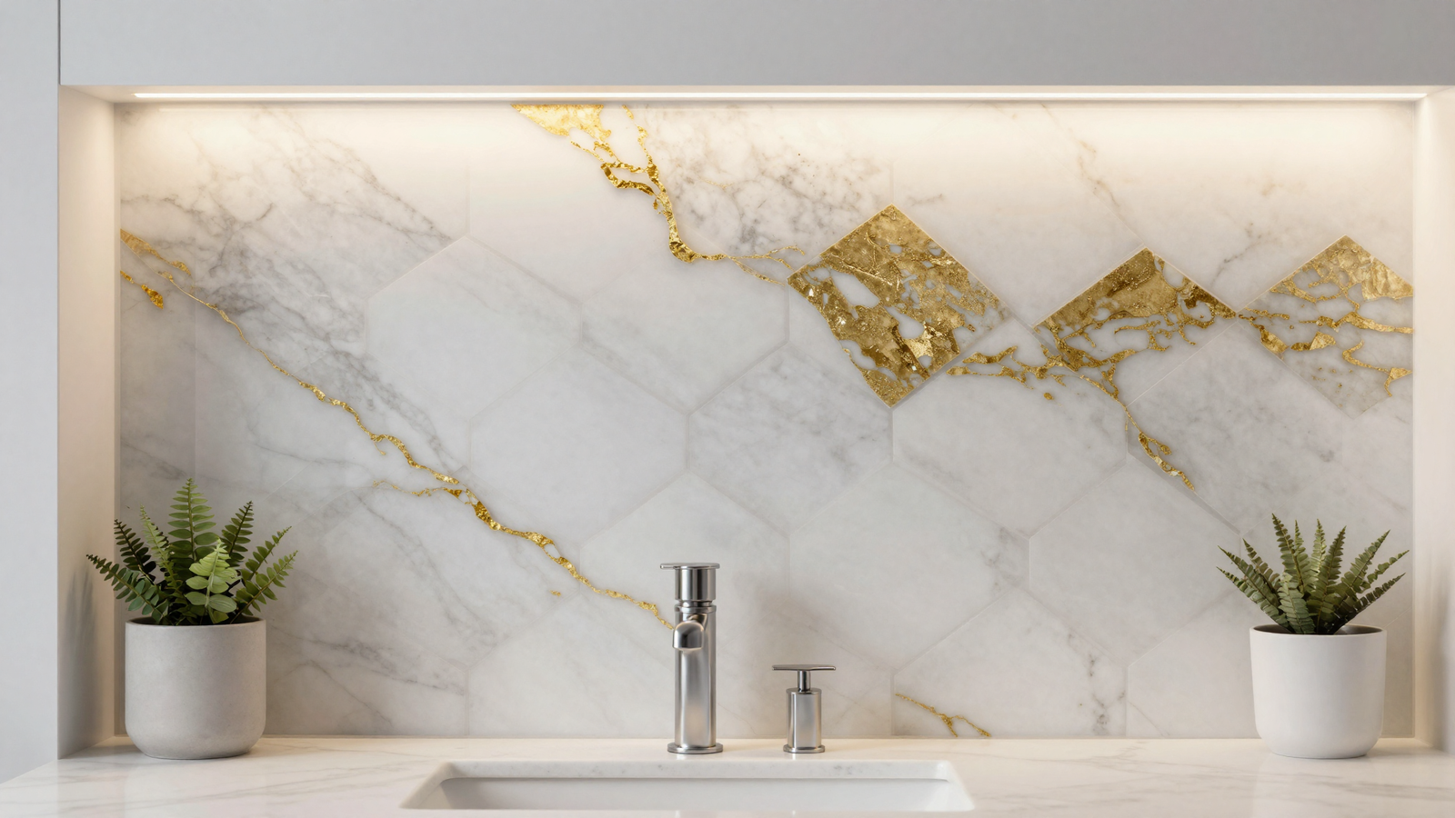Bathroom vanity backsplash with wavy hexagon marble mosaic tile in Calacatta gold veining