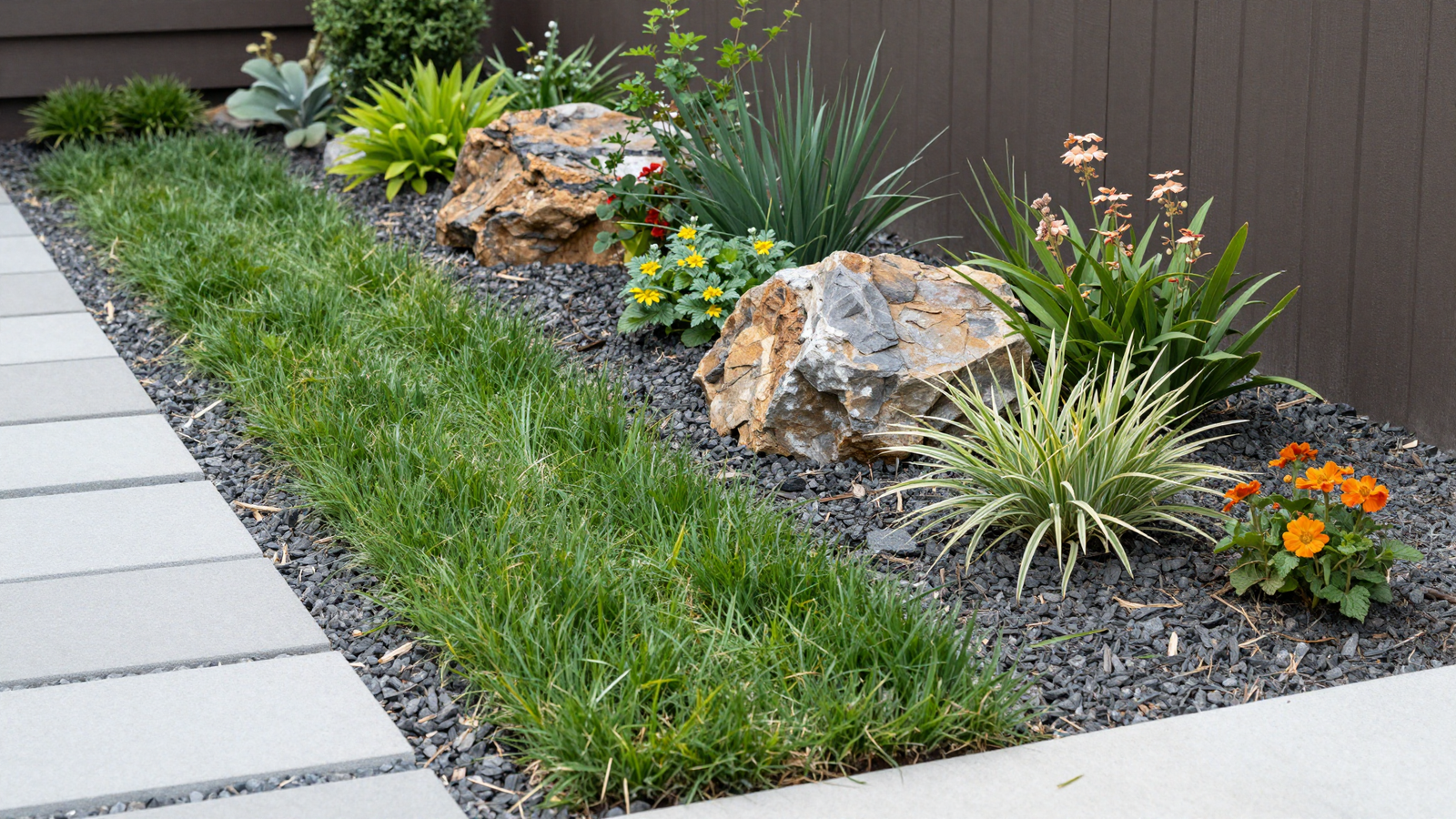 Gravel garden bed with decorative rocks and drought-resistant perennials replacing turfgrass