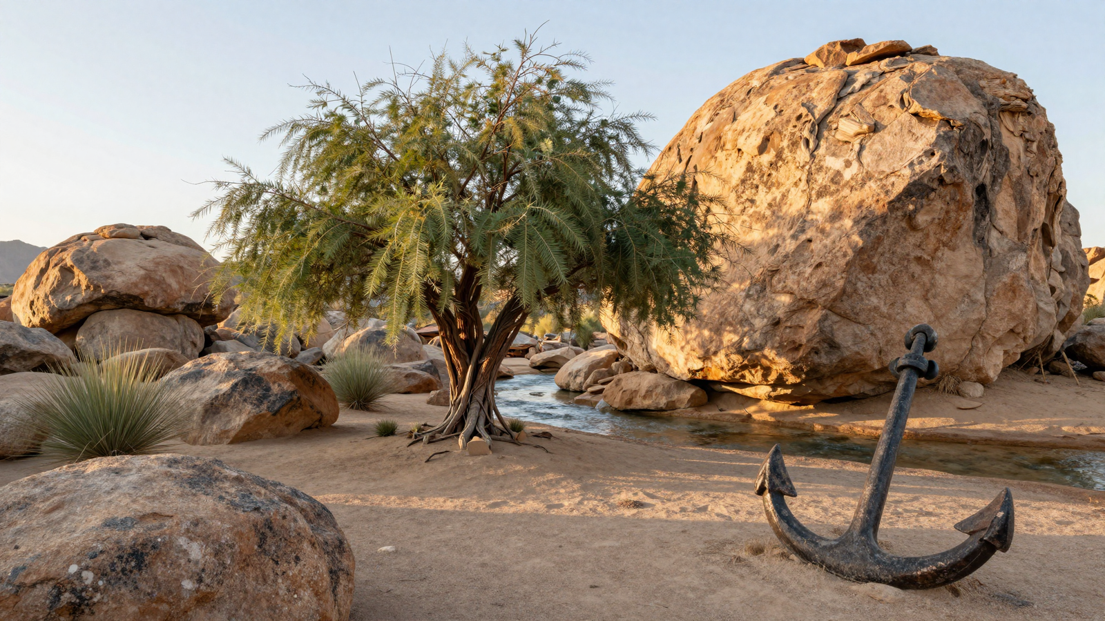 Sculptural desert willow tree as a landscape focal point with ornamental boulders and dry riverbed