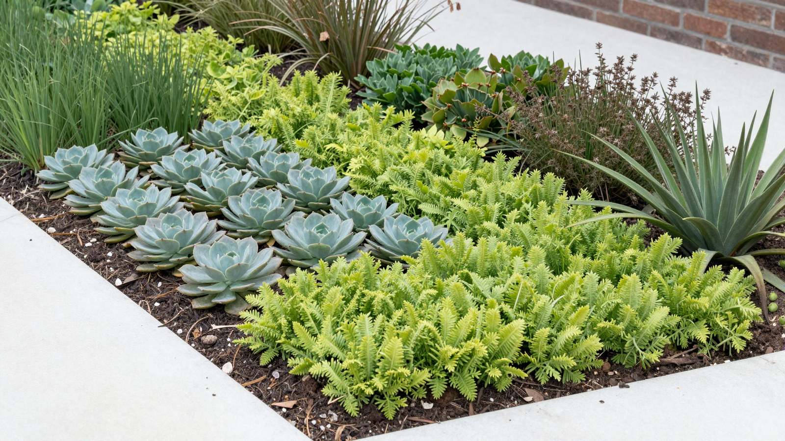 Hydrozoned landscape with drought-tolerant succulents in one zone and moisture-loving plants in another