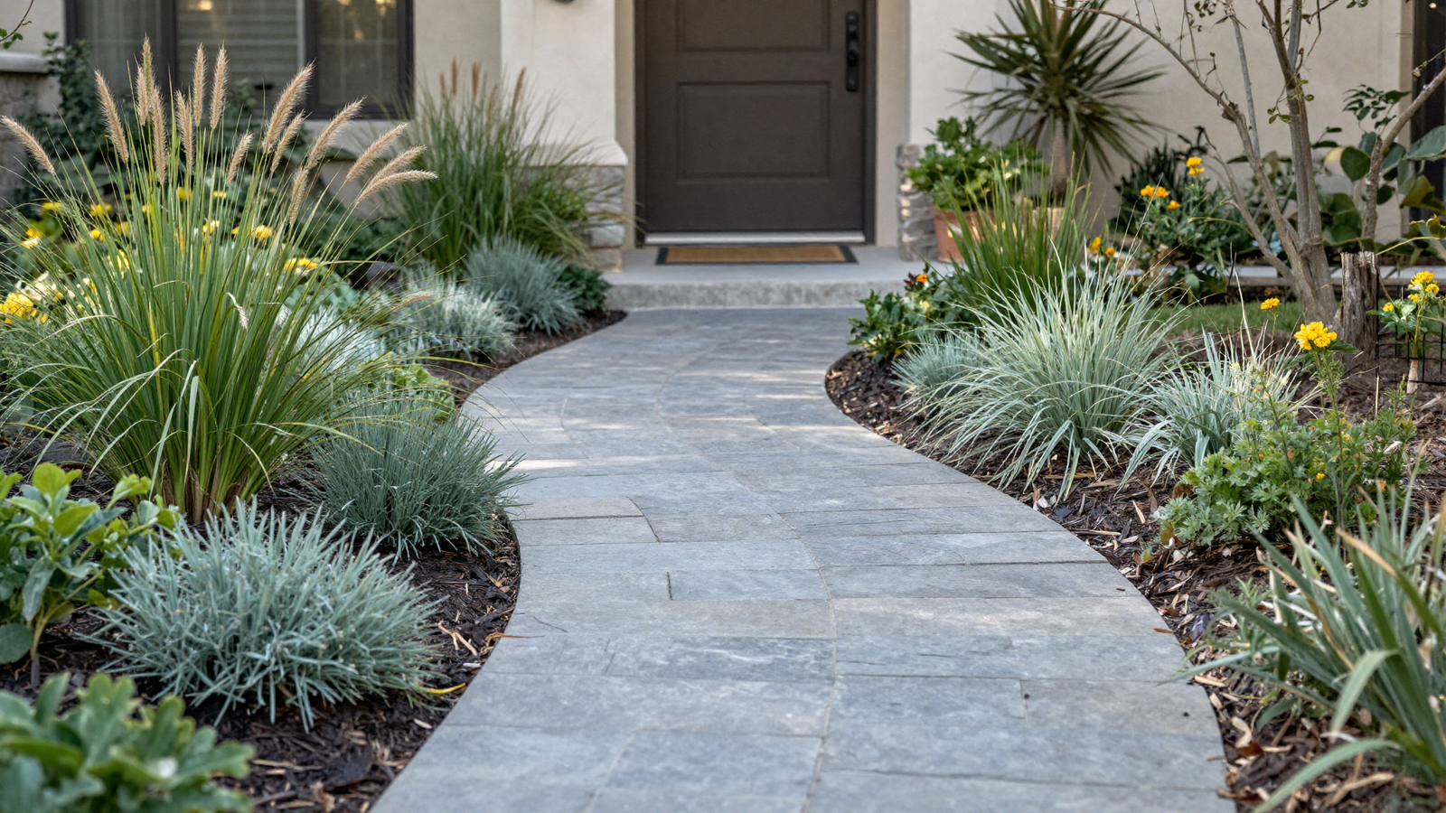 Curved stone pathway through a xeriscape front yard with layered plant heights