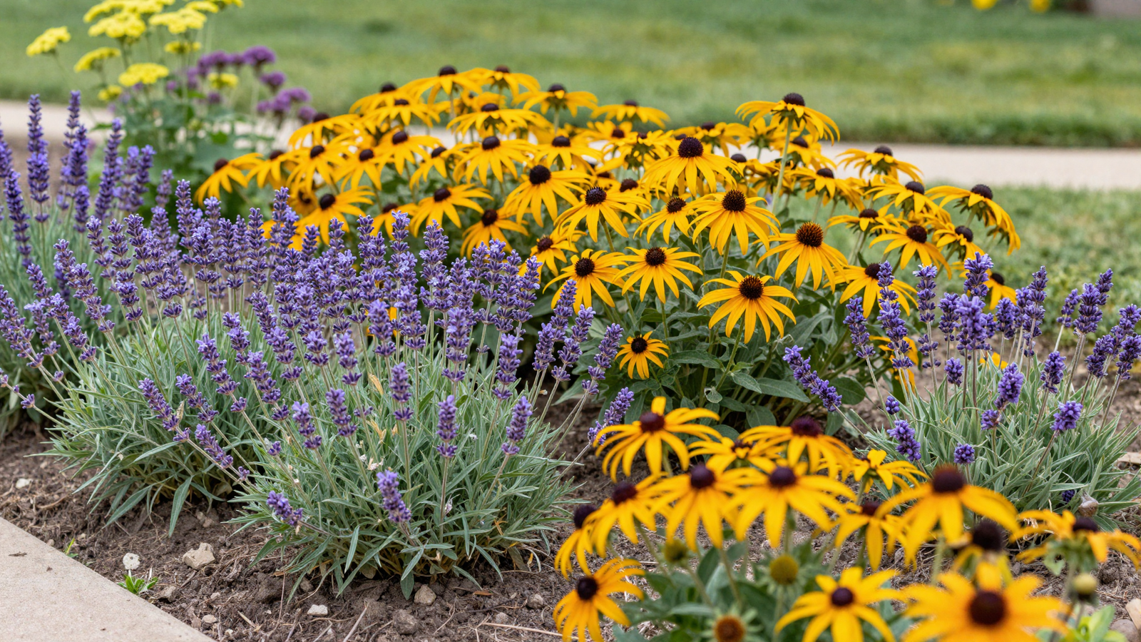 Colorful drought-tolerant flower bed with lavender coneflower yarrow and salvia