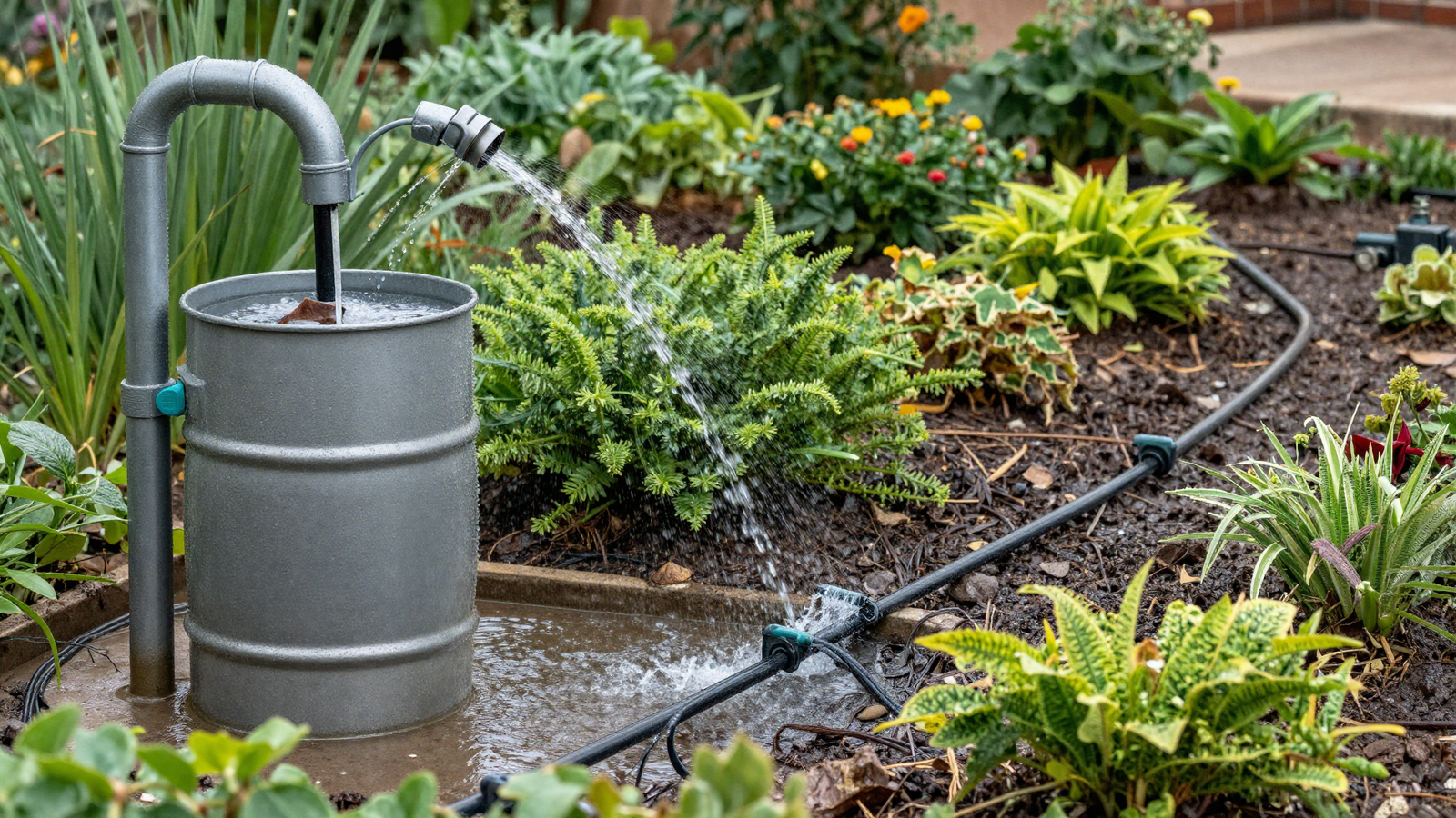 Rainwater harvesting barrel system connected to a downspout feeding drip irrigation