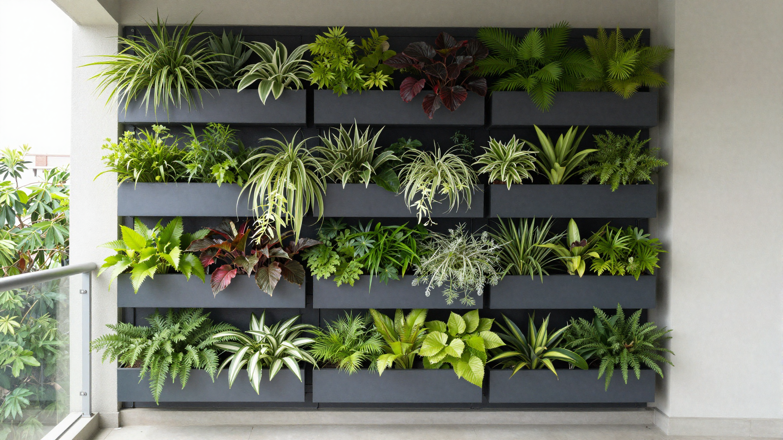 Small balcony with vertical living wall garden and layered mixed greenery