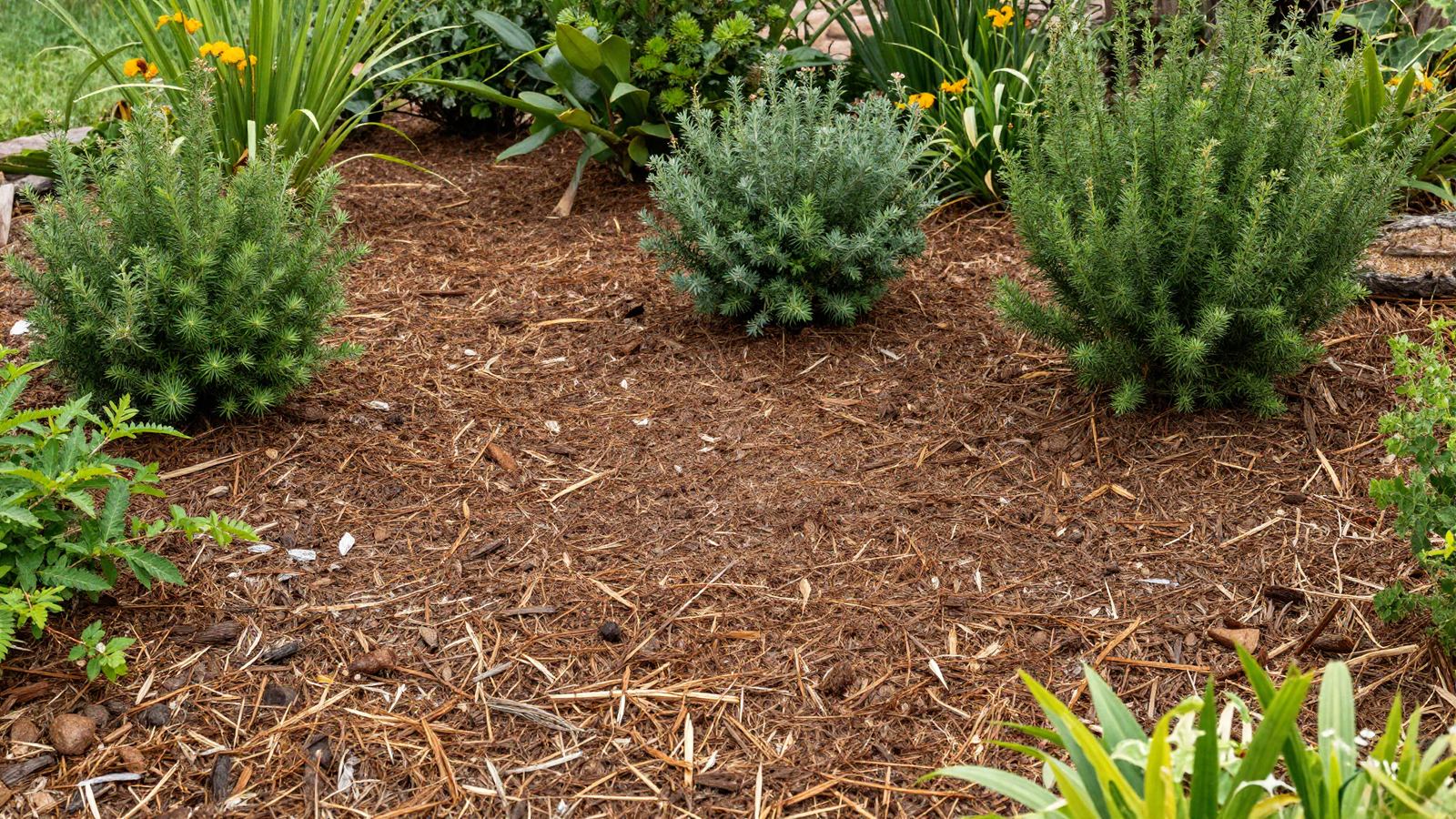 Thick layer of organic mulch spread around drought-tolerant shrubs and perennials