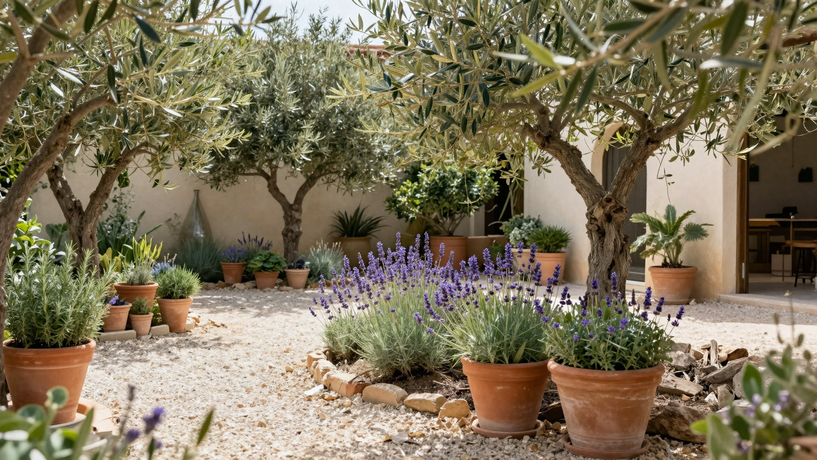 Mediterranean-inspired drought-tolerant garden with olive trees rosemary and lavender