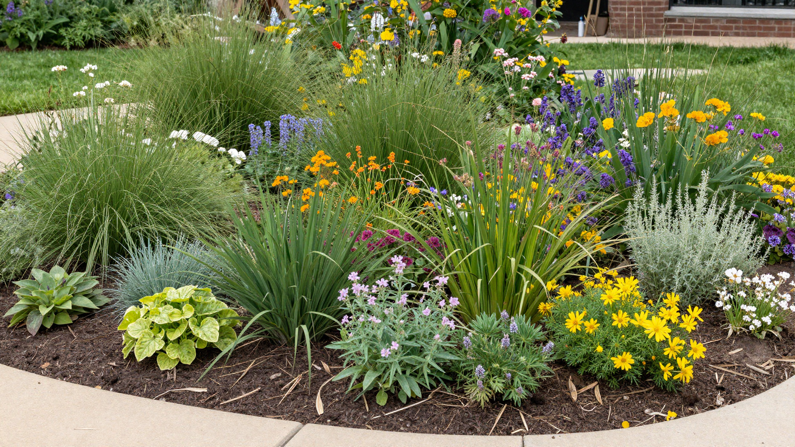 Native plant xeriscape garden with organic flowing planting beds and regional wildflowers