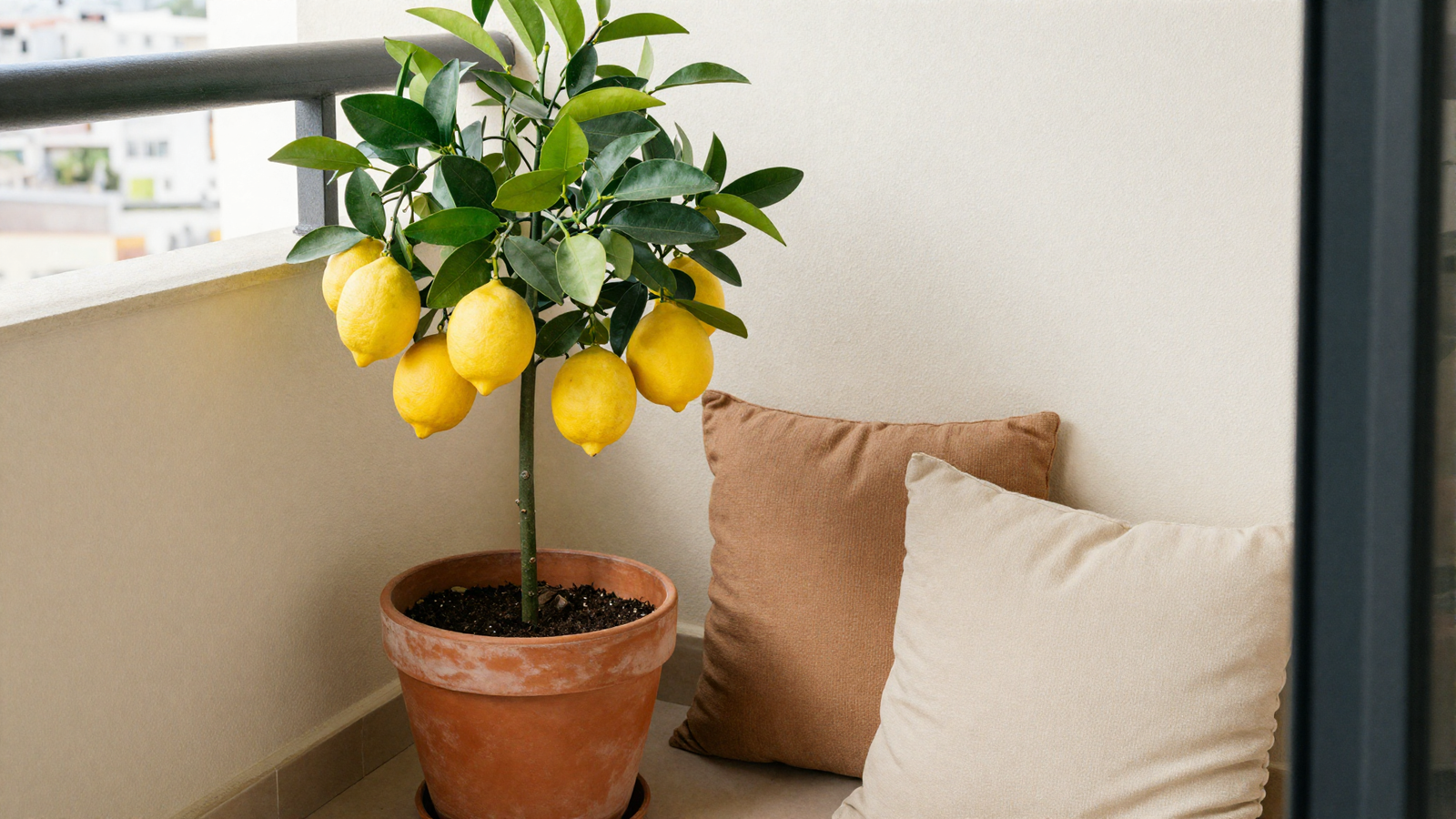 Compact balcony corner with potted lemon tree and bright citrus fruit