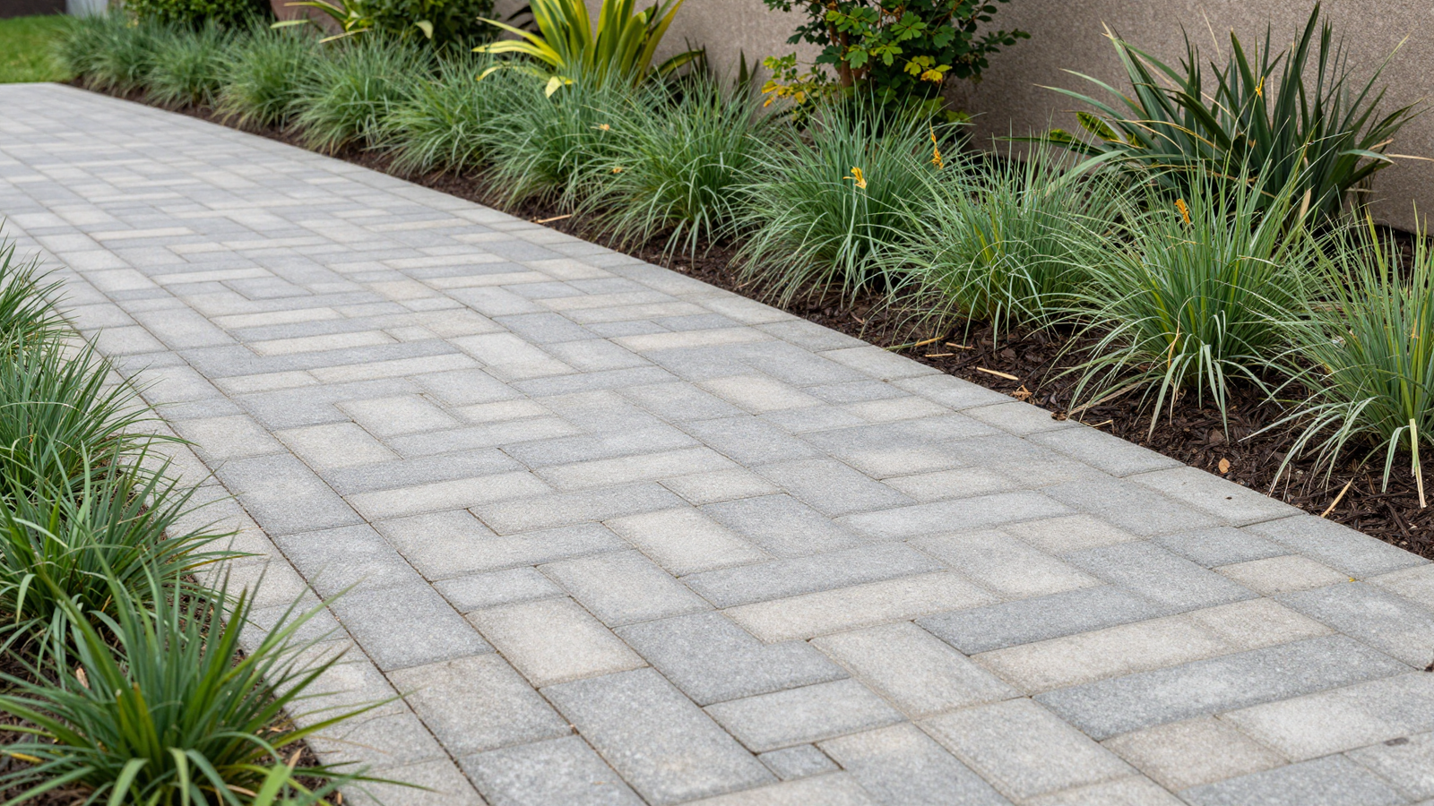 Permeable paver driveway allowing rainwater to soak through bordered by drought-tolerant beds