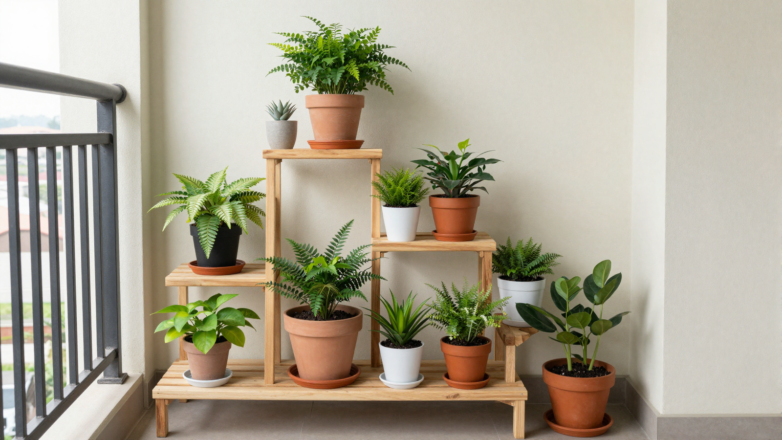 Narrow balcony with tiered wooden plant stand holding multiple potted plants at different heights
