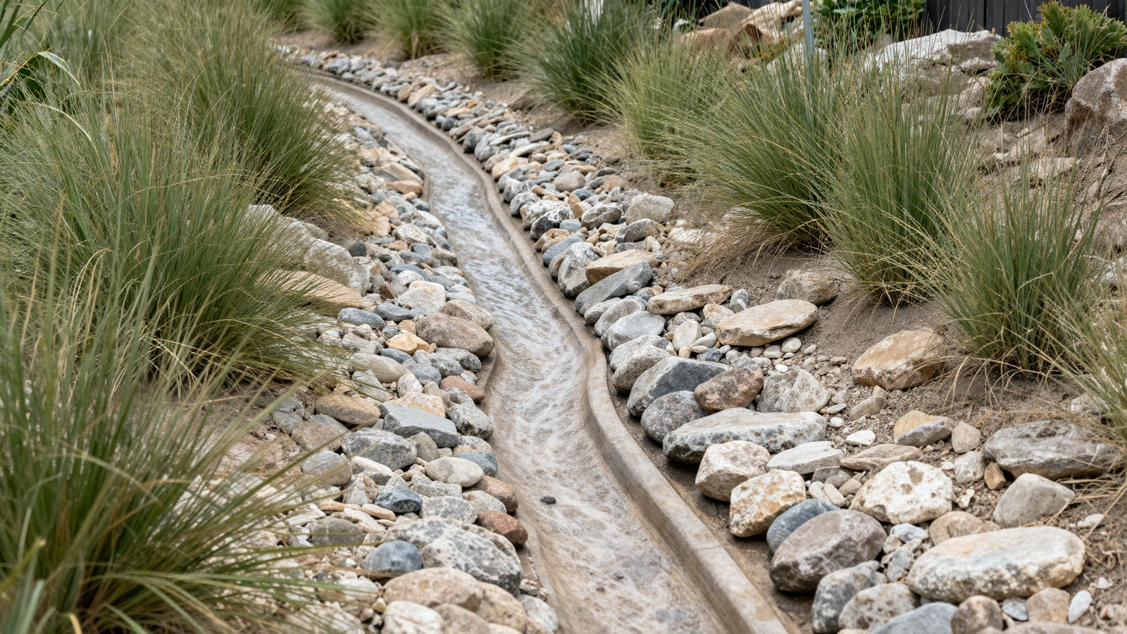 Dry riverbed of rounded stones cutting through a xeriscape yard as a functional drainage feature
