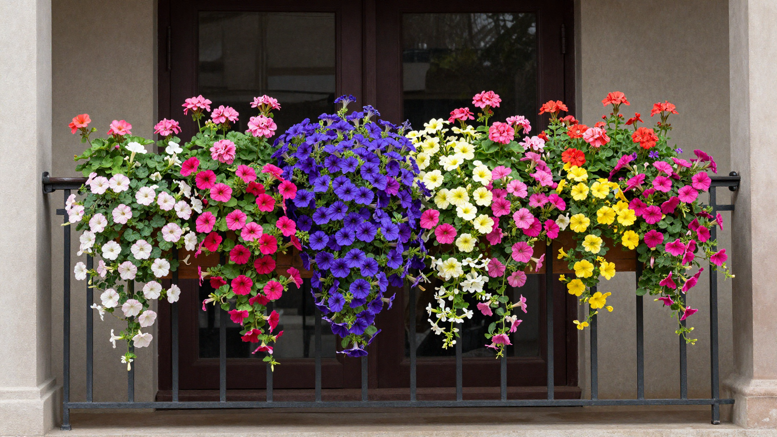 Balcony railing lined with colorful trailing flowers in petunias geraniums and lobelia