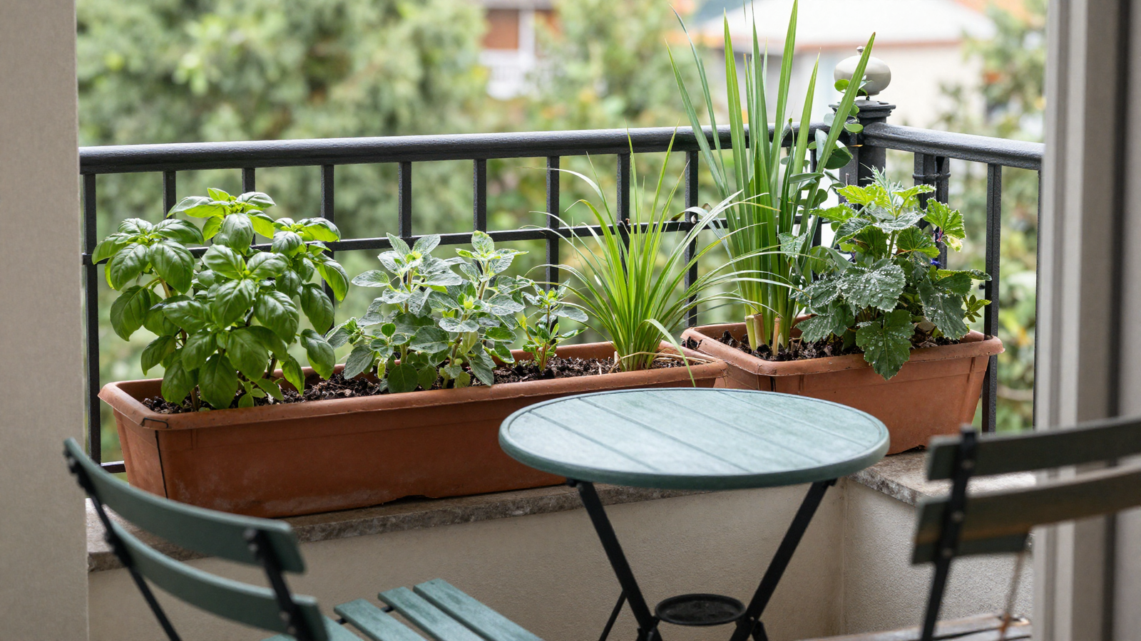 Small balcony herb corner with basil sage and lemongrass in window boxes with a patio table