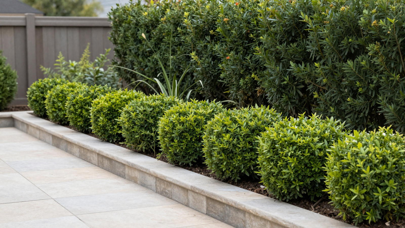 Backyard patio with raised garden bed lined with neat boxwood shrubs