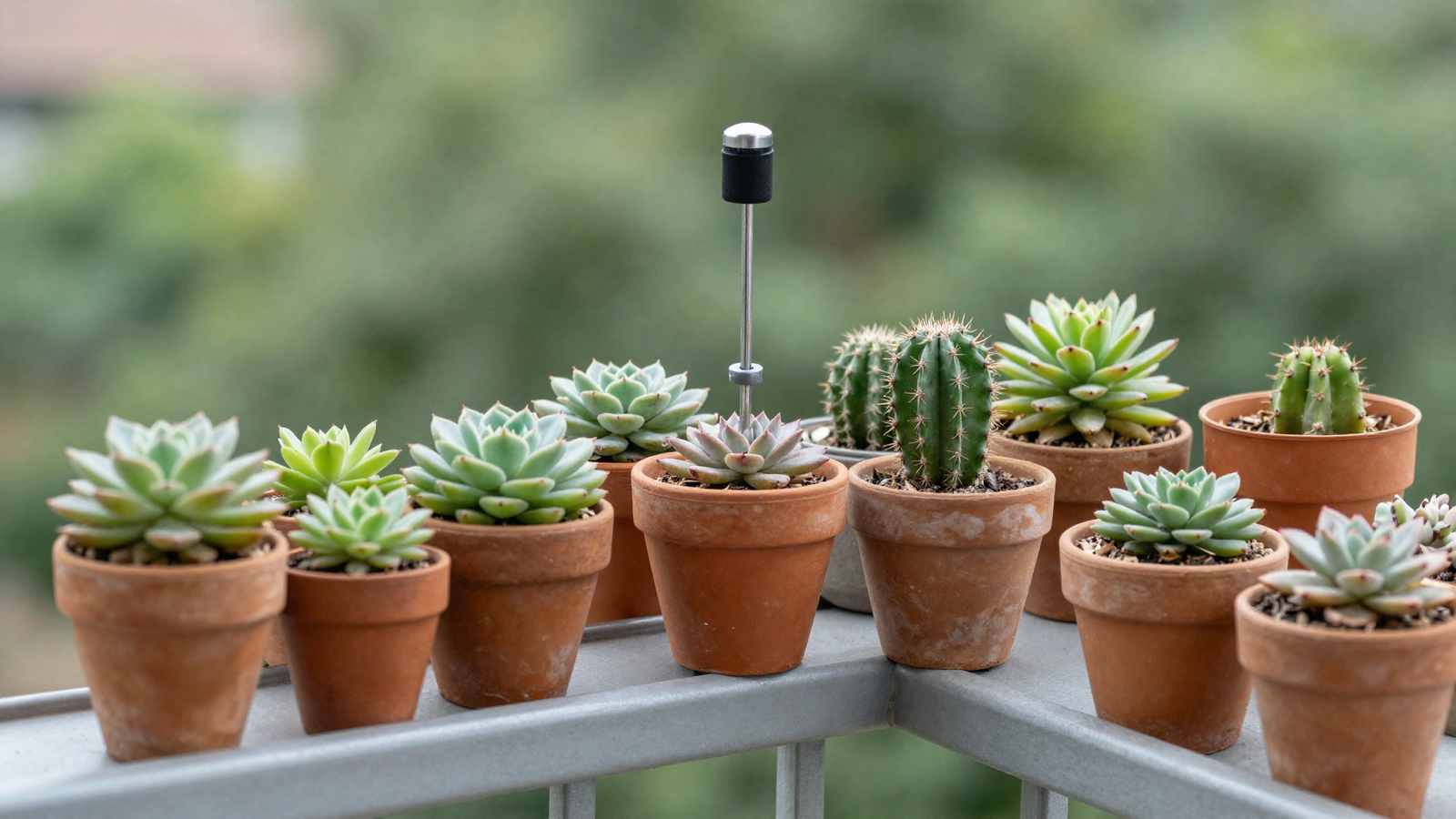 Balcony ledge with row of small terracotta pots holding succulents and cacti connected by a metal rod
