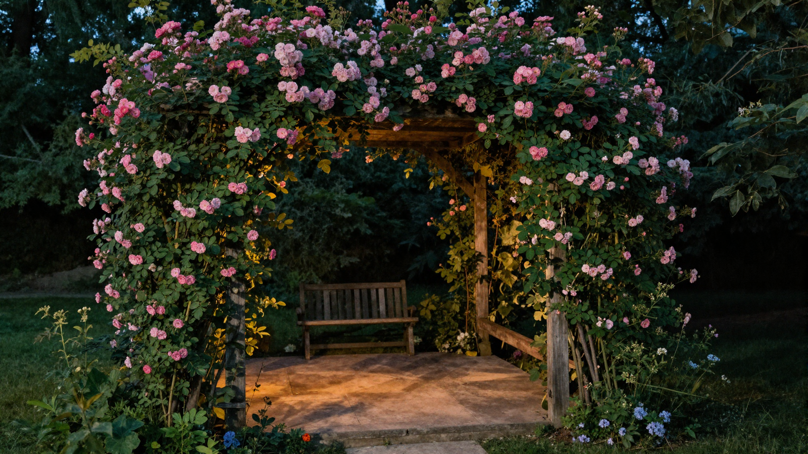 Small patio with climbing roses draped over a wooden arbor frame
