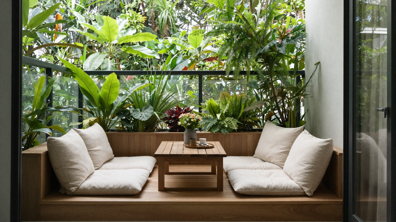 Cozy balcony nook with low floor cushions surrounded by lush greenery