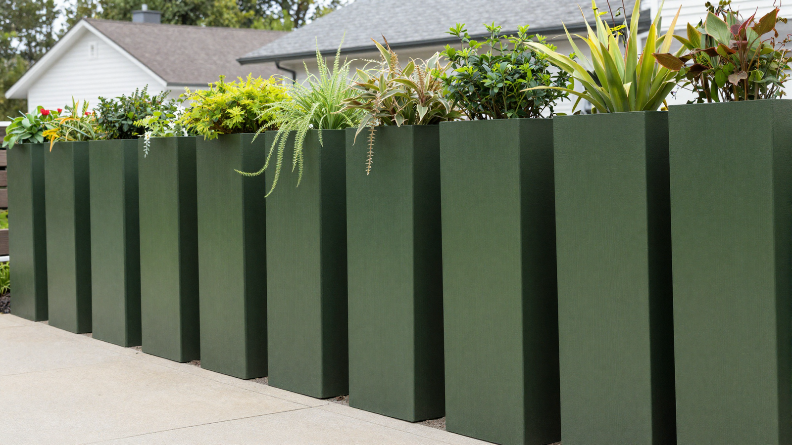 Patio edge lined with tall rectangular planters staggered in height creating a green privacy wall