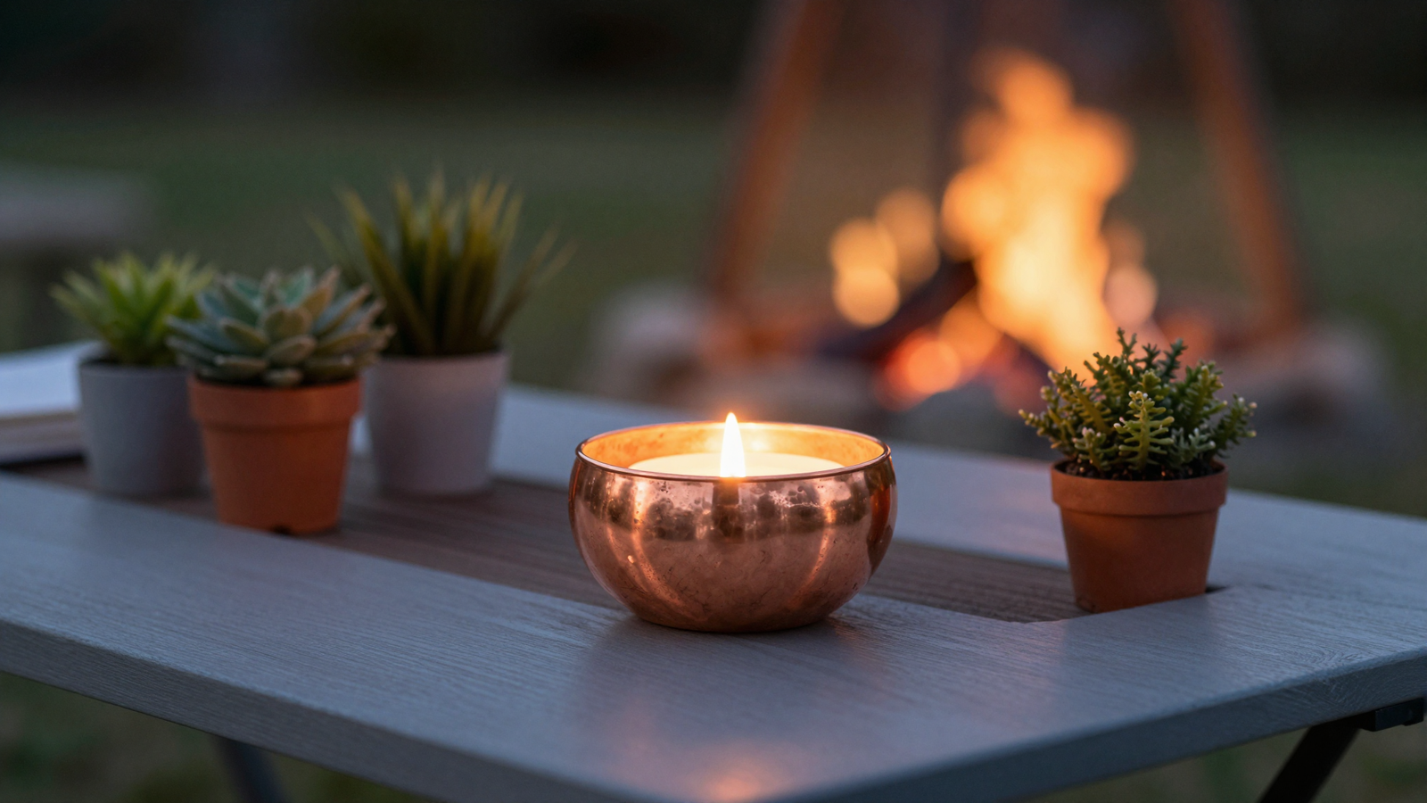 Patio table vignette with copper bowl candle glowing at dusk surrounded by small potted plants