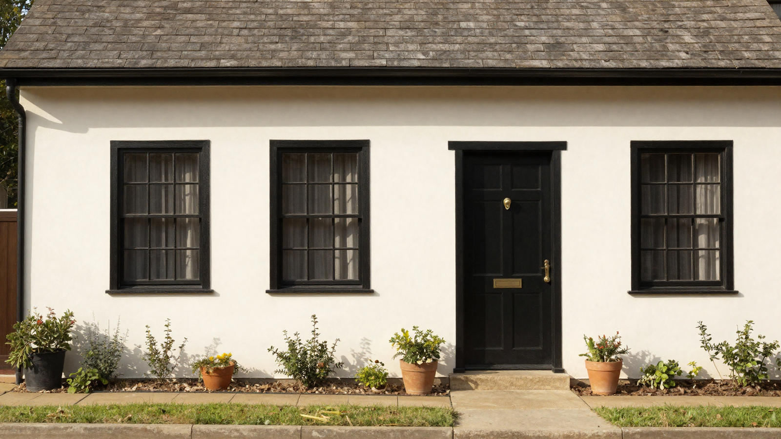 House exterior painted in warm creamy white with black window trim and black front door