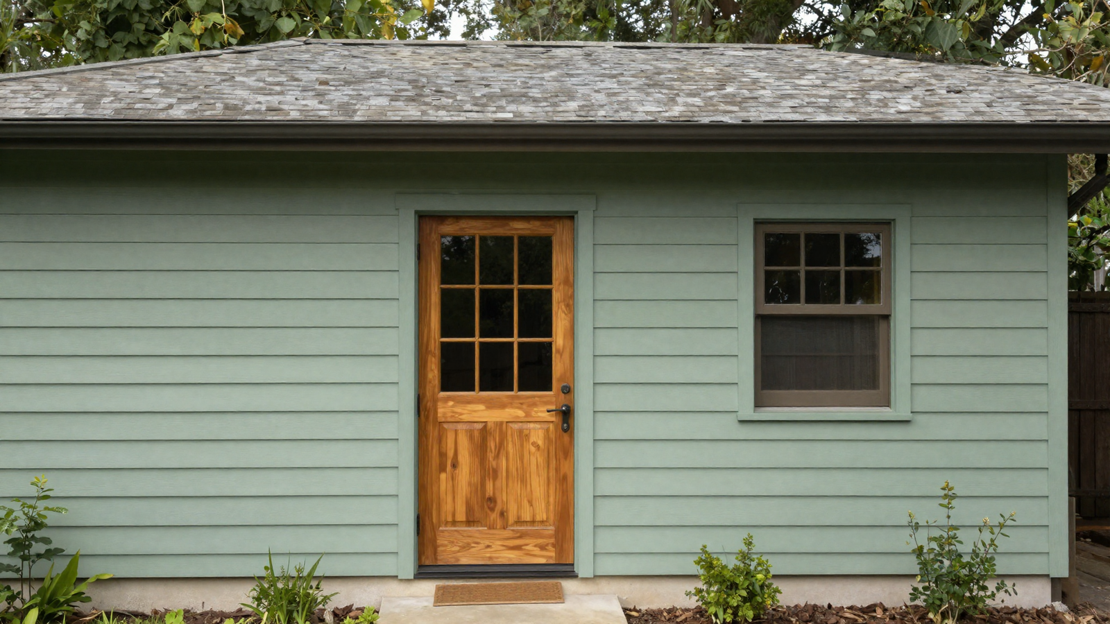 House exterior painted in muted sage green siding with warm wood front door accent