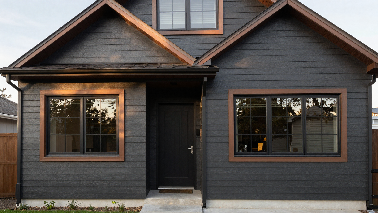House exterior with warm charcoal siding and bronze trim accents on windows and roofline