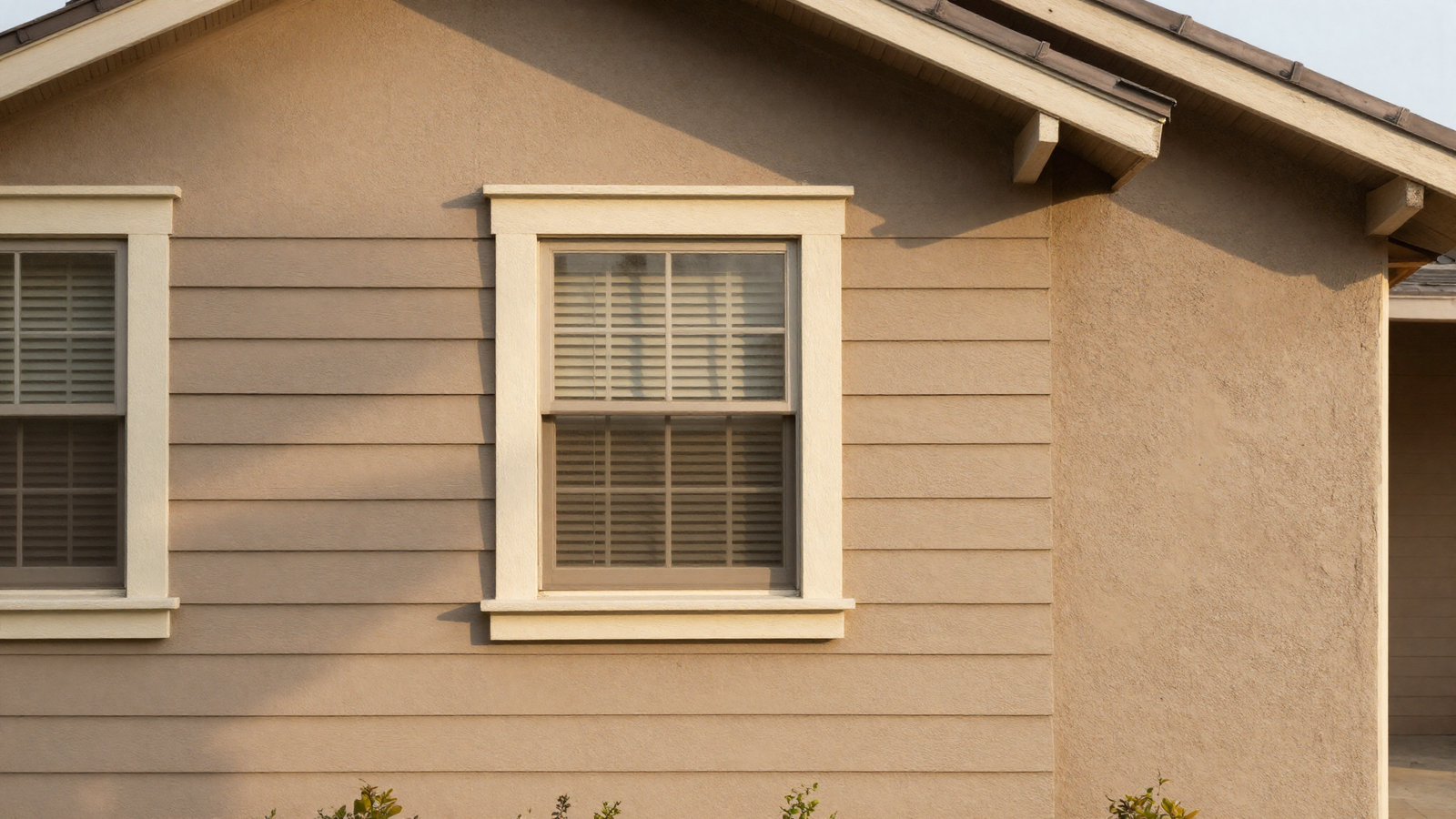 House exterior with warm taupe siding and cream trim in a soft desert-inspired palette