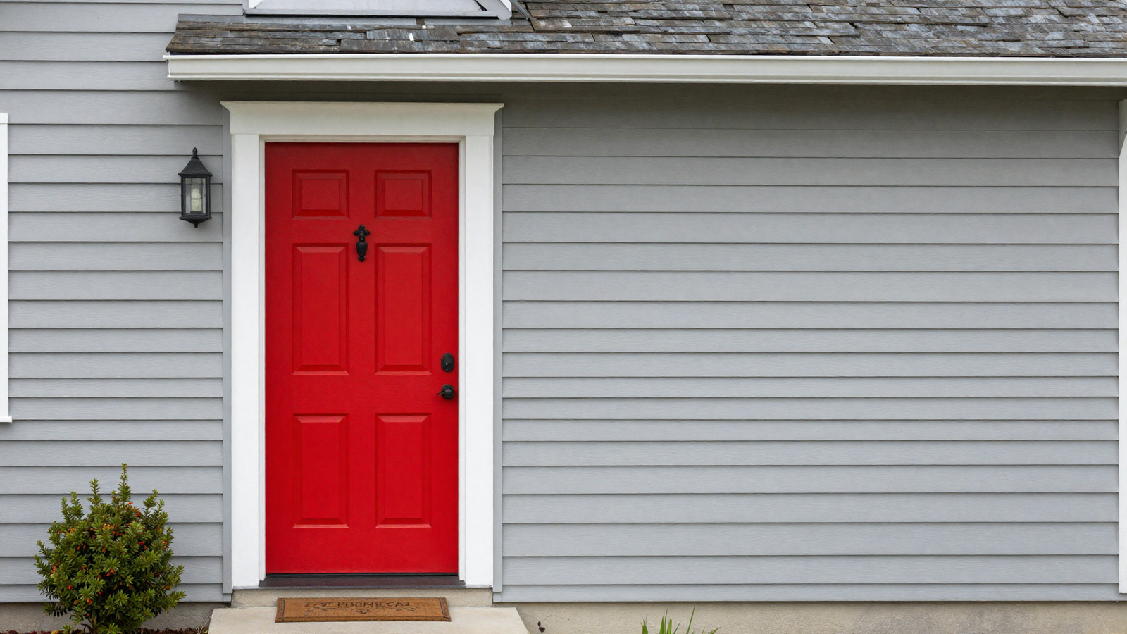 House exterior with a bold red front door as the single accent color against neutral gray siding