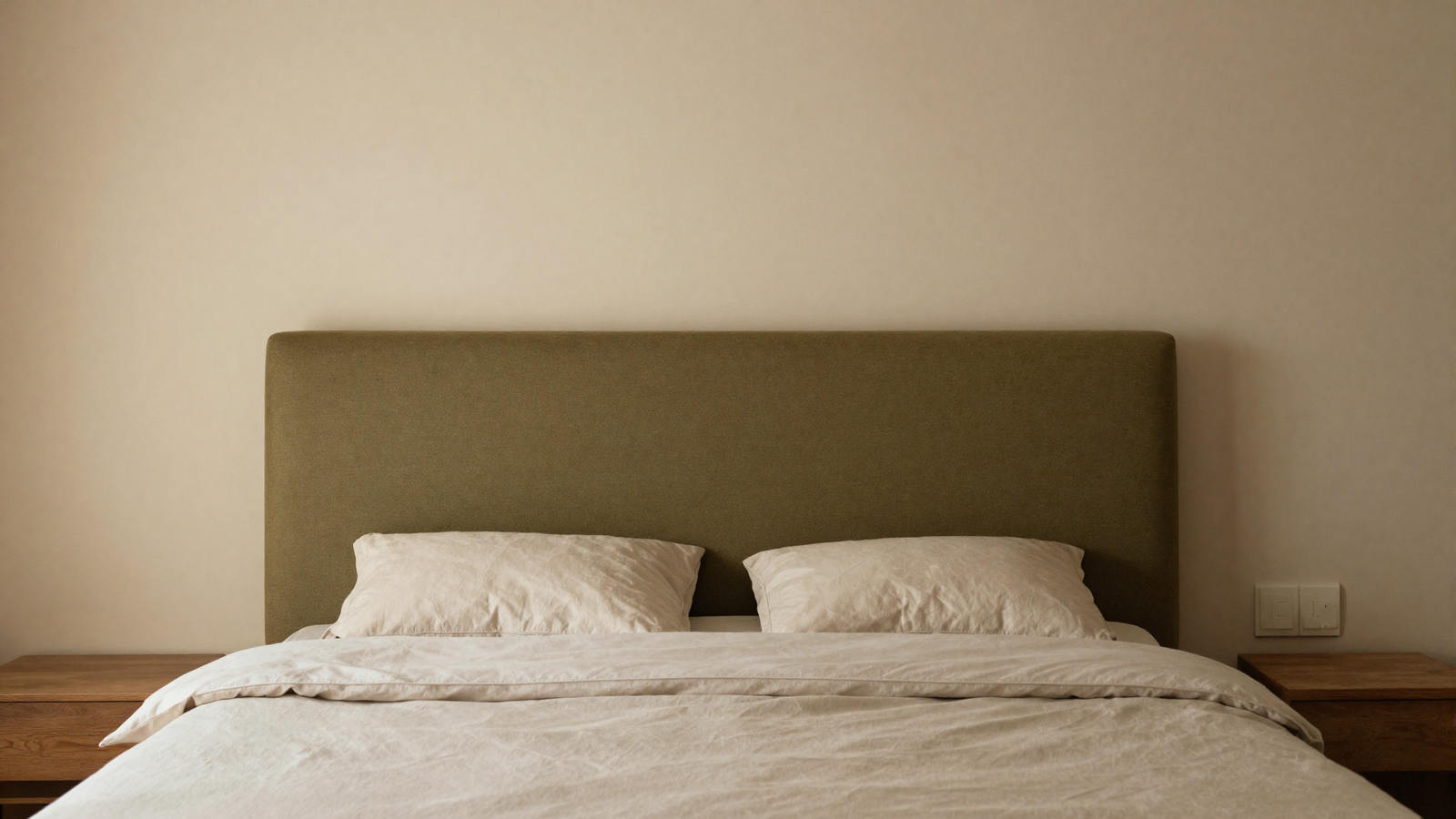 Bedroom with olive green upholstered headboard against sand-colored walls