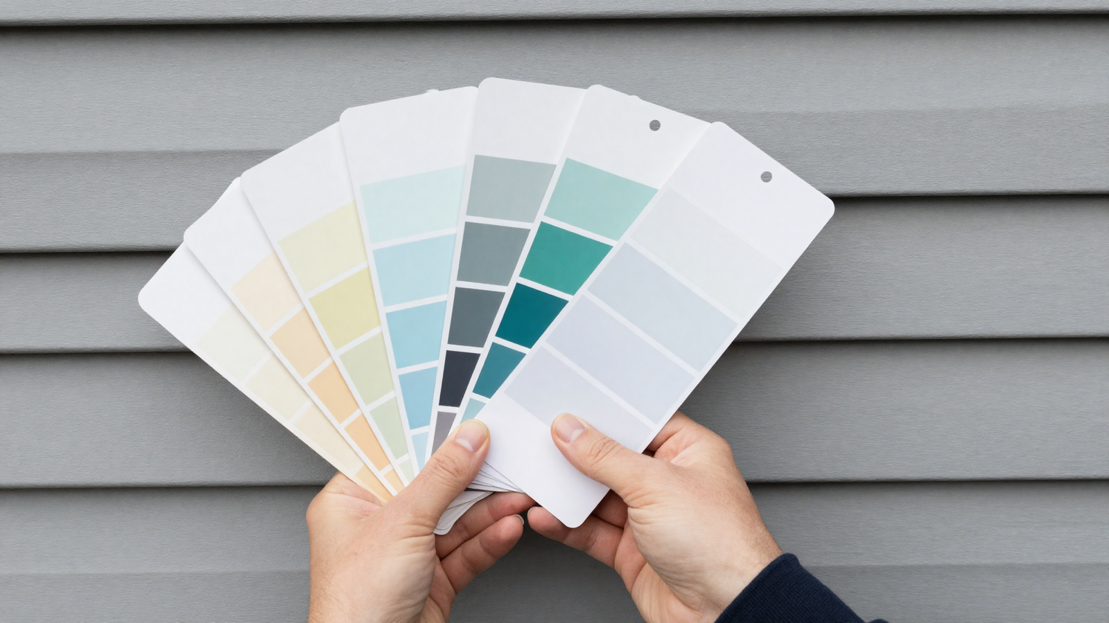 House exterior color palette swatches held up against actual siding samples for testing