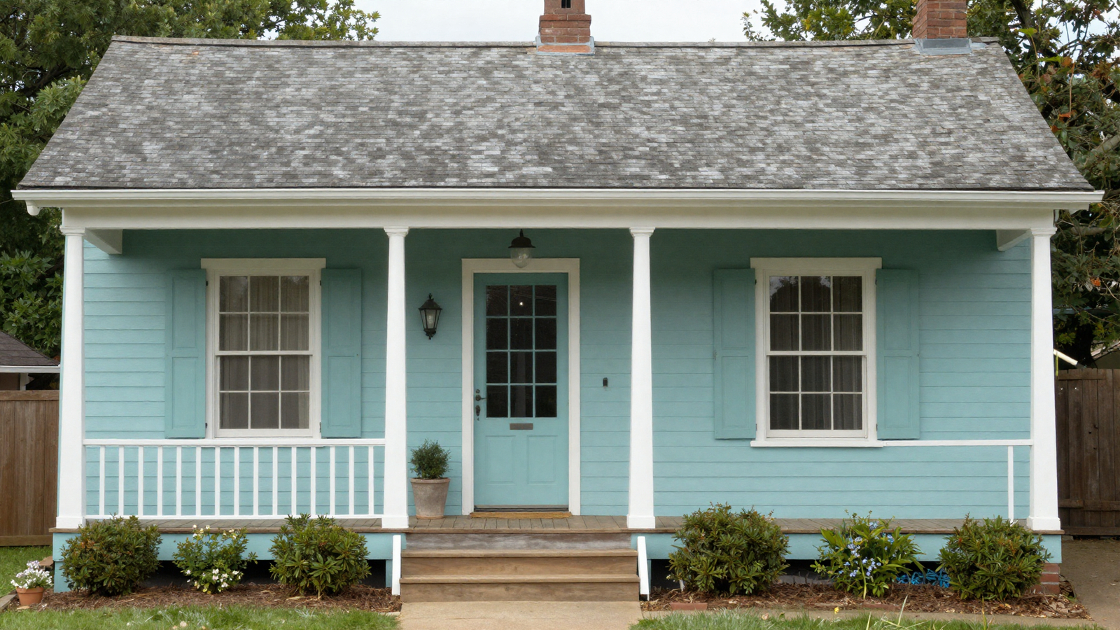 Historic house exterior painted in a soft heritage blue-green color from traditional paint archives