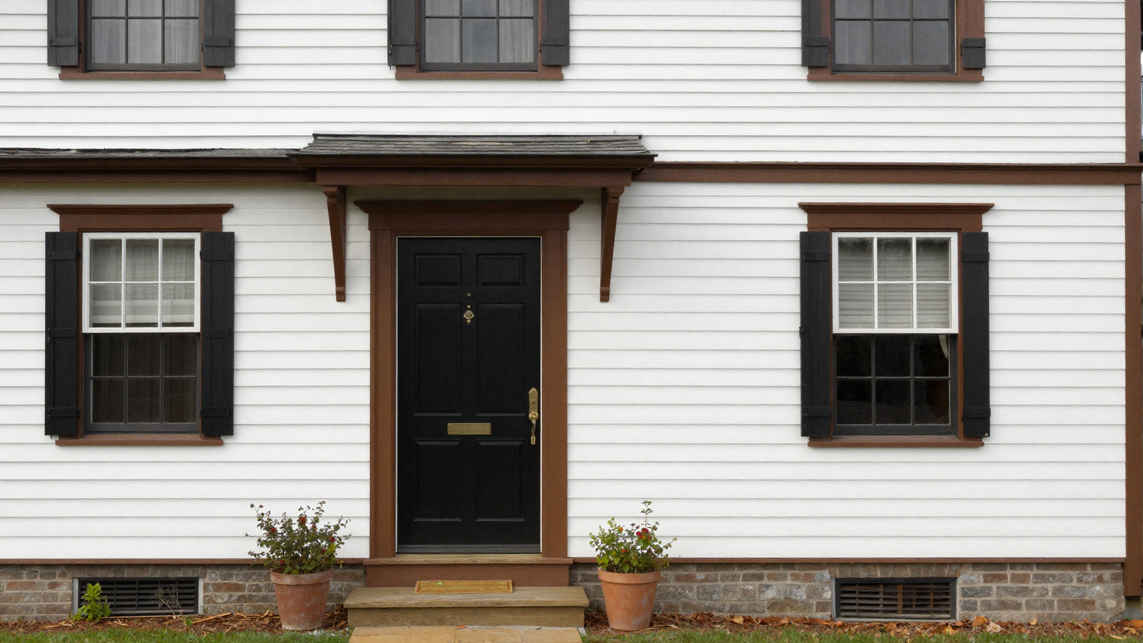 House exterior with white black and brown color combination on a historic Cape Cod style home