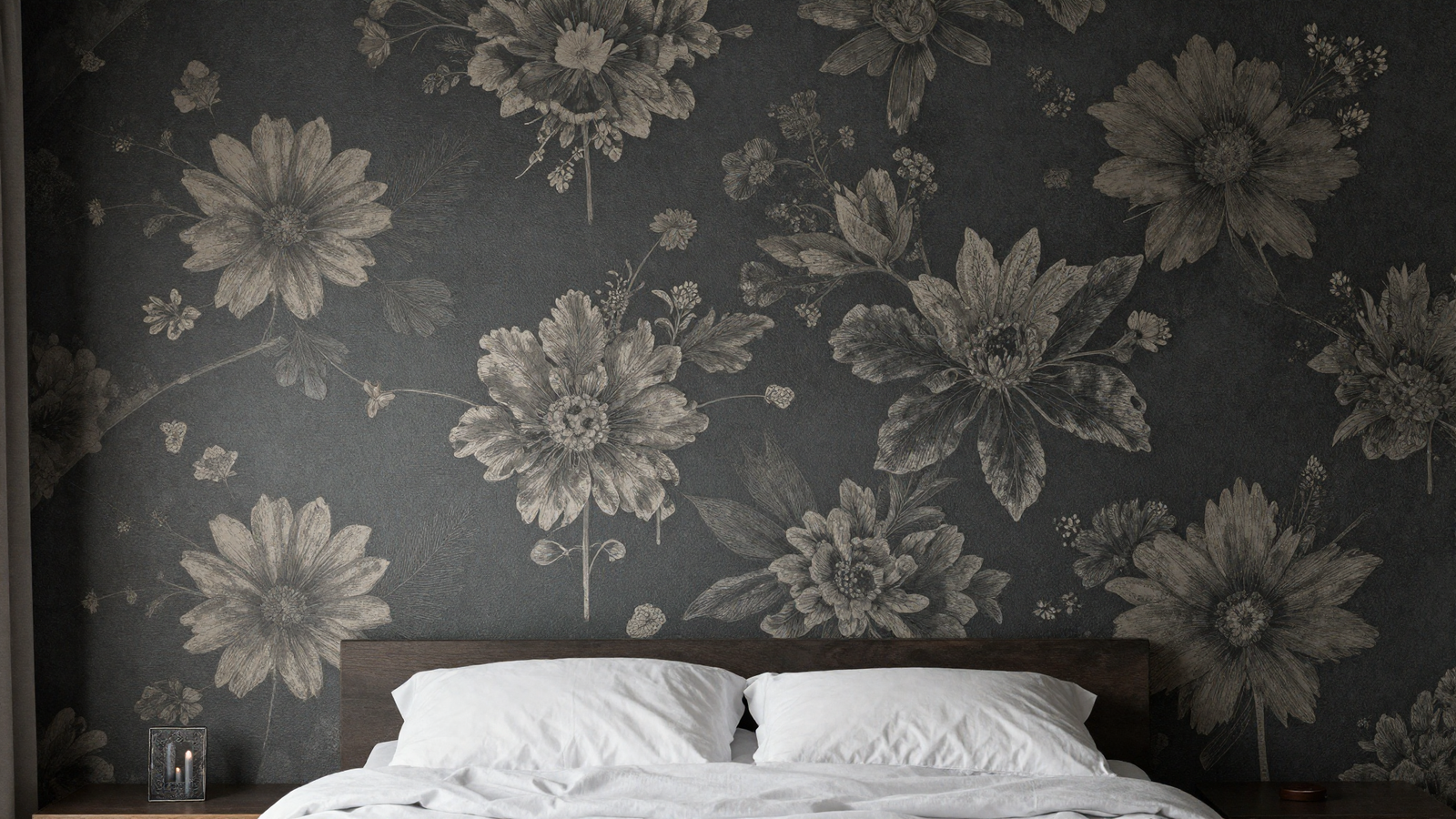 Bedroom feature wall with bold textured floral wallpaper in deep moody tones