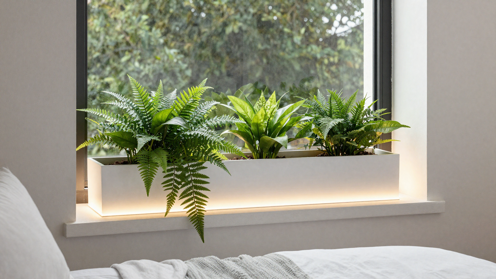 Bedroom window with built-in planter ledge holding trailing pothos and ferns