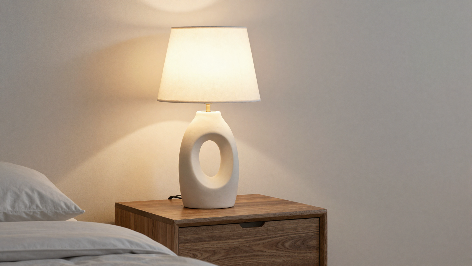 Bedroom nightstand with sculptural table lamp featuring an artistic curved ceramic base