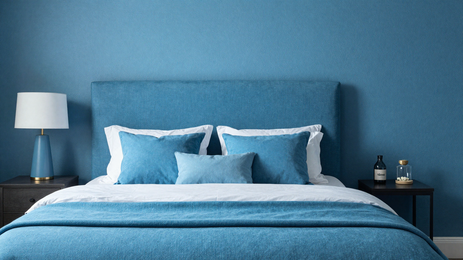 Bedroom layered entirely in tone-on-tone blue across wallpaper headboard fabric and throw