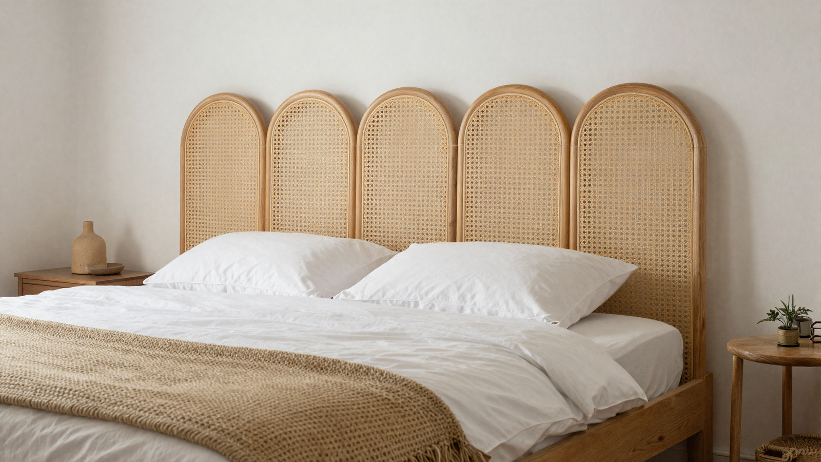 Bedroom with scalloped rattan headboard featuring bohemian lightweight wood frame