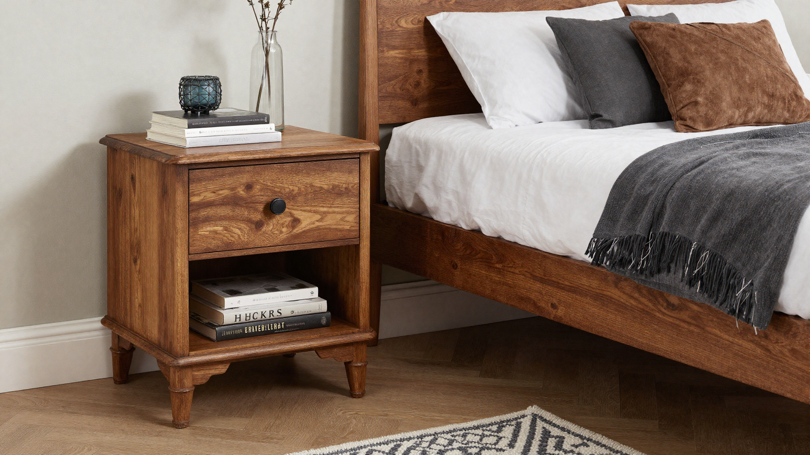 Bedroom nightstand mixing antique wood side table with modern sleek bed frame