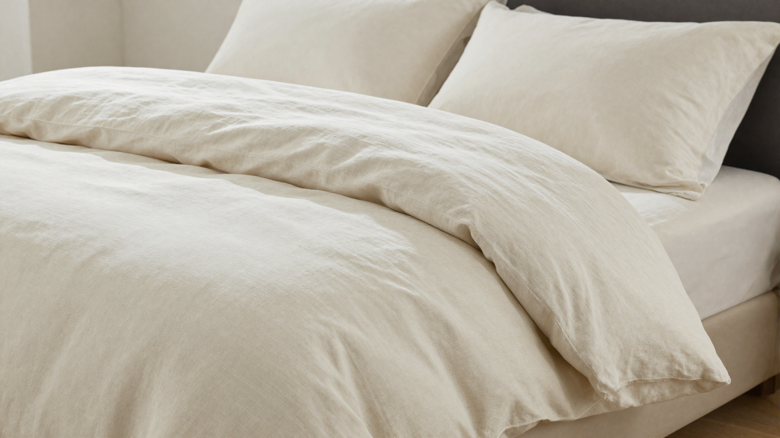 Bed with matte wash-finished linen bedding in soft cream with slightly wrinkled natural texture