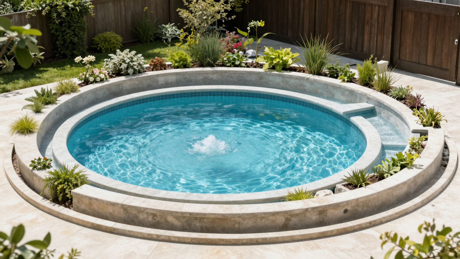 Raised circular basin swimming pool framed by raised garden planters